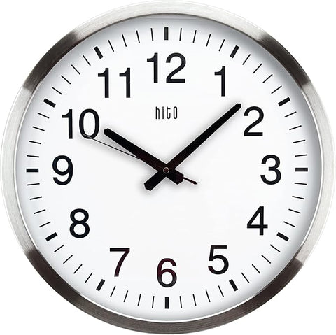 HITO 16" Silent Wall Clock Battery Operated Non Ticking Sweep Movement Glass Cover Silver Aluminum Frame, for Kitchen, Bedroom, Home Office, Living Room Decor