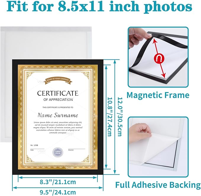 CRUGLA 8.5 x 11 Magnetic Picture Frames for Refrigerator, 4 Packs 8.5 by 11 Certificate Frame Document Frames with Self Adhesive Backing for Glass Wall Locker Cubicle