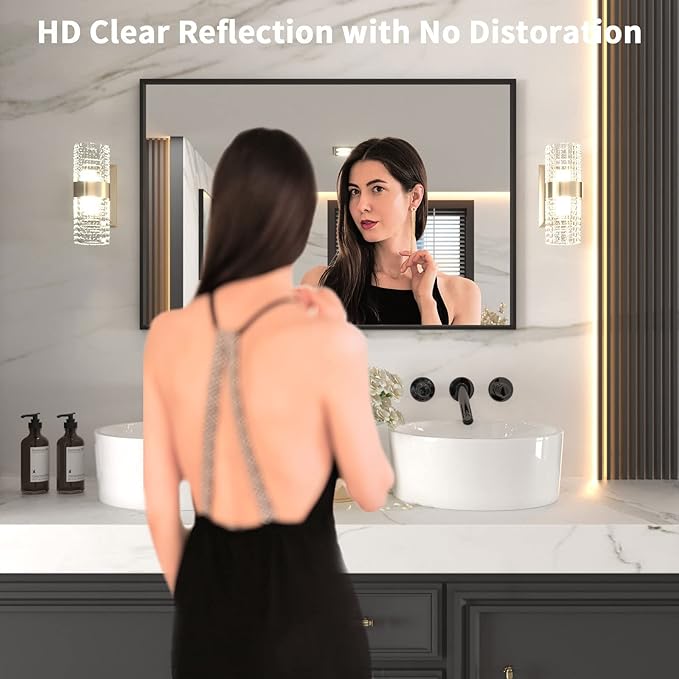 LOAAO 48"X32" Black Rectangle Bathroom Mirror Wall, Matte Black Aluminum Alloy Frame, Tempered Glass, Hangs Vertically or Horizontally, Easy to Install