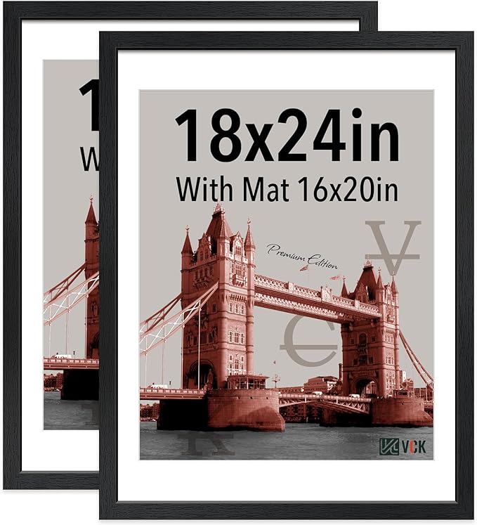 VCK 18x24 Frame 2 Pack, Solid Wood Poster Frame Black, Display Picture 16x20 with Mat or 18x24 without Mat, Horizontal and Vertical Formats with Included Hanging Hardware