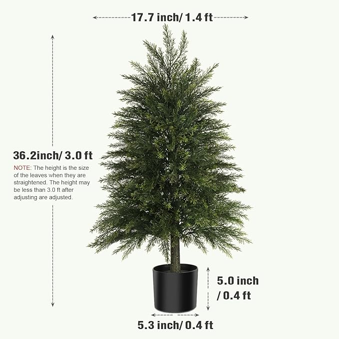 3FT Artificial Cedar Trees Set of 2, Realistic Faux Evergreen Topiary Bushes Plants, Outdoor Potted Fake Cypress Shrubs for Front Porch Garden Home Living Room Decor
