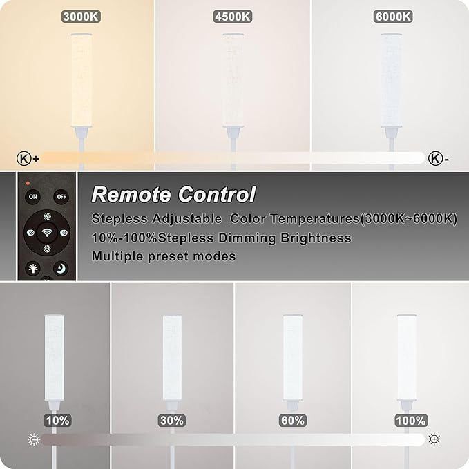 Floor Lamp with Remote Control, Floor Lamps for Living Room/Bedroom/Office, Stepless Adjustable 3000K-6000K Colors and 10-100% Brightness,Standing Light with Foot Switch (White+Beige Linen)