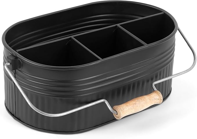 Alpha Living Home Galvanized Utensil Caddy with Handle, 4-Compartment Flatware Organizer for Kitchen Counter, Buffet, BBQ, Picnic, Party – Rustic Farmhouse Style, Matte Black Metal Storage Bin