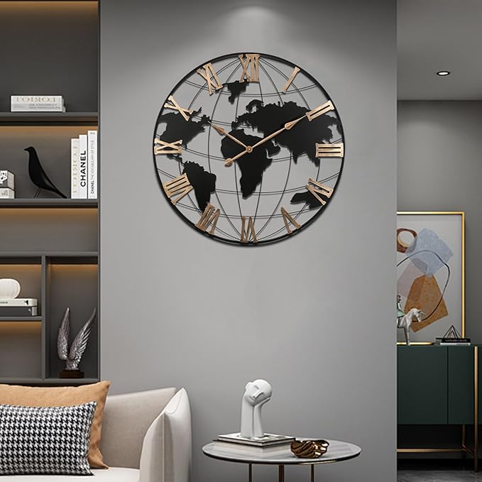 36 Inch Extra Large World Map Wall Clock, Retro Minimalist Silent Non-Ticking Battery Operated Clock for Living Room, Bedroom, Office, Kitchen, Black Roman Numerals