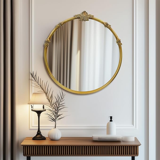Gold Round Mirror - Baroque Style Ornate 24 Inch Mirror Suitable for Home Decoration, Bedroom, Living Room Wall Art, Retro Luxury Metal Frame Design