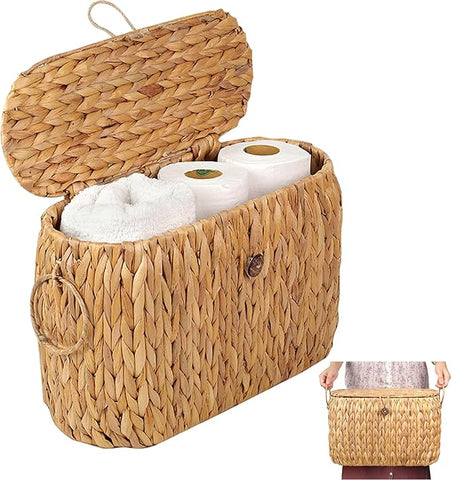 Toilet Paper Storage, Water Hyacinth Baskets with Lid, Toilet Paper Baskets for Storage Holder 6 Rolls, Papers Basket with Built-in Handles for Organizer, Bathroom Accessories Organizer