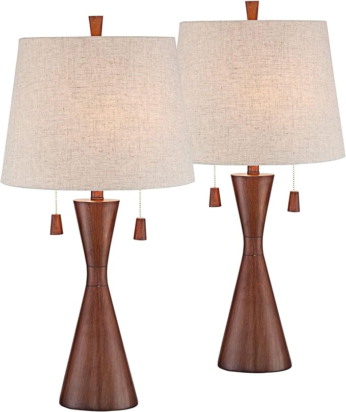 360 Lighting Omar Mid Century Modern Chic Style Table Lamps 28.75" Tall Set of 2 Warm Brown Wood Oatmeal Tapered Drum Shade Decor for Living Room Bedroom House Bedside Nightstand Home