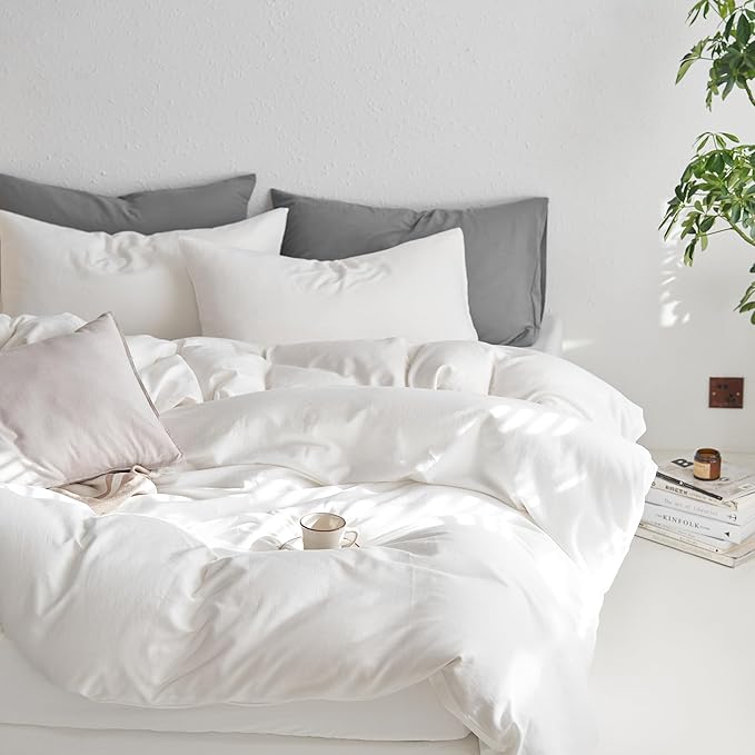 MooMee Queen Duvet Cover Set, 100% Washed Cotton Linen Like Twill Thick Sturdy Material Super Soft Breathable Durable Bedding for All Season, 3 Pieces (Off White, Queen 90"x90")