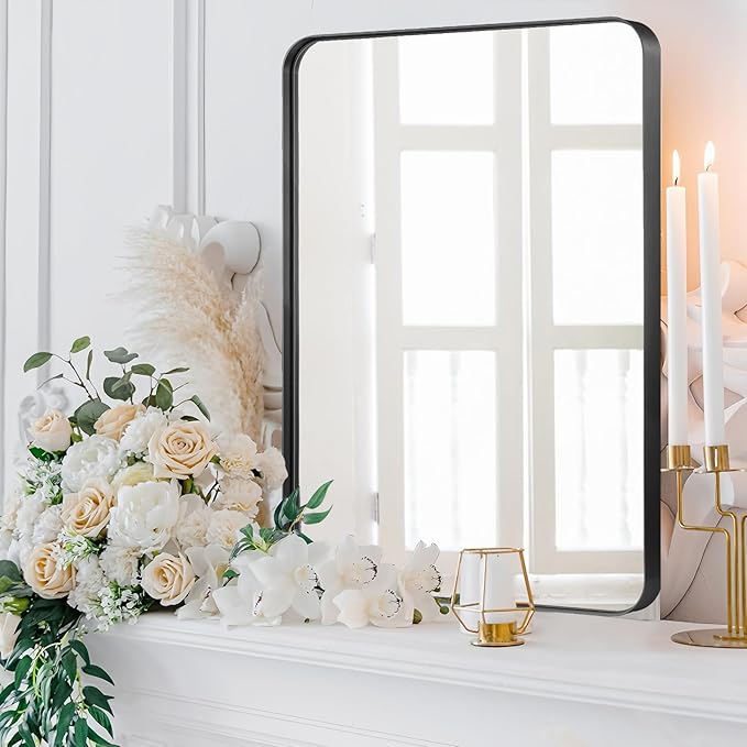 24x36 Inch Rectangle Bathroom Mirror, Brushed Black Vanity Mirrors for Wall, Metal Frame Wall Mirror, Mirror with Round Corner for Bedrooms, Entryways, Living Rooms, Horizontal/Vertical