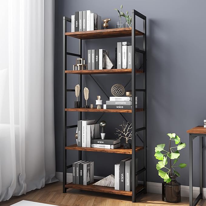 VERMESS 5 Tier Bookshelf, Tall Book Shelf, Vintage Industrial Bookcase with Open Display Shelves, Wood Storage Shelving Unit Metal Frame Standing Bookshelves for Bedroom/Home/Office, Rustic Brown