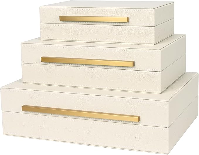 Beige Shagreen Decorative Box Set of 3 - Faux Leather Nesting Storage Boxes with Lids, Large Modern Jewelry Organizer, Stackable Home Decor Box for Bedroom, Bathroom & Office