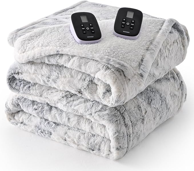 WOOMER Heated Blanket King Size Electric Blanket 90"x 100", Faux Fur Fast Heating, 10 Heating Levels & 0.5-12H Auto Off, Dual Control, Over-Heat Protection, ETL Certification