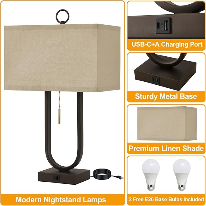 Luvkczc Bedside Lamps Set of 2, 24'' Tall Table Lamps for Night Stands with USB C+A Ports, 3000K LED Bulbs - Modern Desk Lamp for Bedroom, Living Room, Office, Beige Lampshade