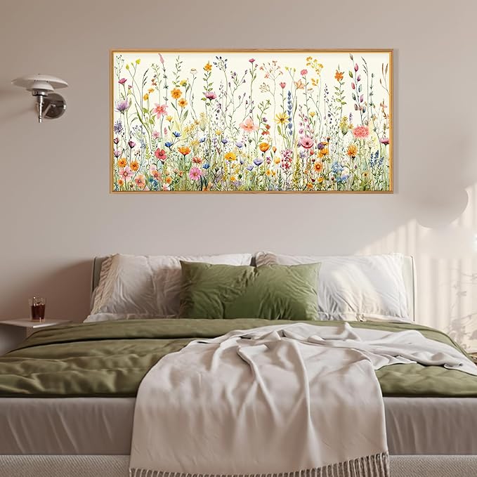 HPINUB Colorful Flower Framed Canvas Wall Art Set, Watercolor Daisy Floral Wall Decor, Wildflower Green Leaf Wall Painting, Multicolour Botanical Art Print for Living Room, Bedroom, Office -20"x40"
