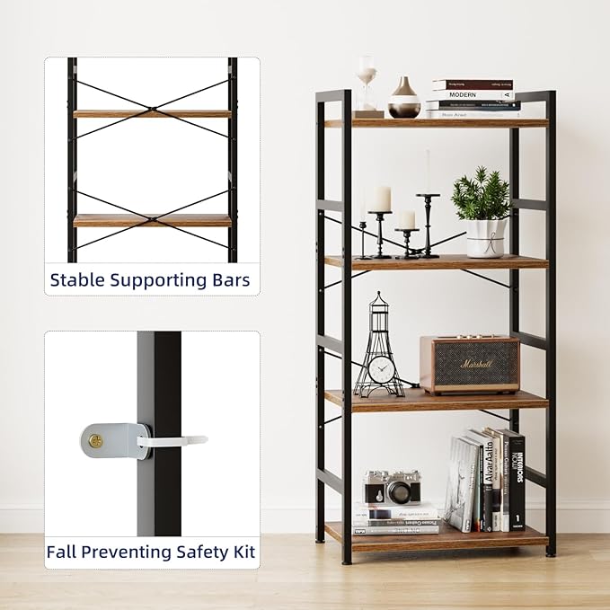 NUMENN 4 Tier Small Bookshelf, Industrial Bookcase Shelf Storage Organizer, Modern Book Shelf for Bedroom, Living Room and Home Office, Vintage