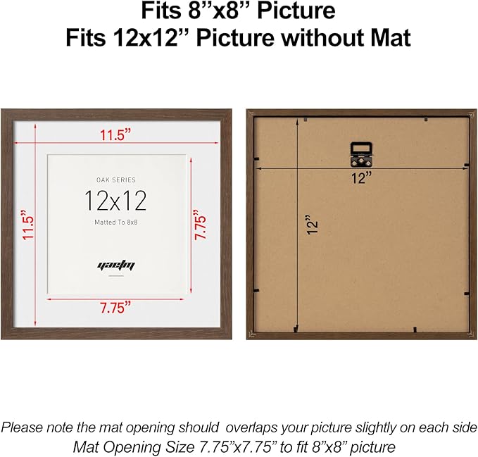 Yaetm Square 12x12 Picture Frame – Brown Walnut, Solid Wood Frame 12x12 with Tempered Real Glass, Display 8x8 Photo with Mat or 12 x 12 Art Print without Mat, Wall Mount (3 Pack, Walnut)