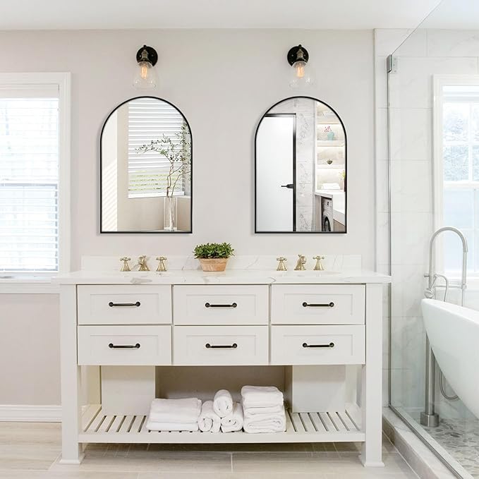 22" x 30" Black Arched Mirror, Arch Wall Mirror, Metal Frame Black Bathroom Mirror, Arched Top Bathroom Vanity Mirror for Living Room, Bedroom, Entryway, Tempered Glass, Shatter Proof