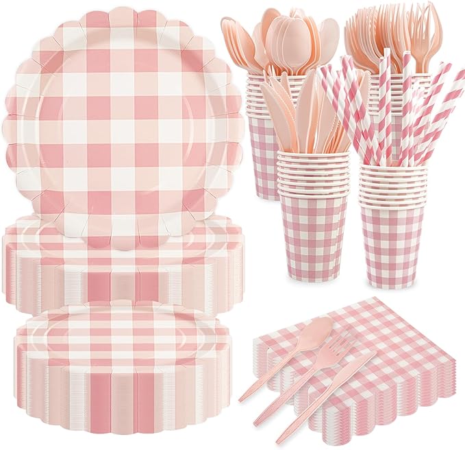400PCS Light Pink Gingham Party Supplies, Scalloped Disposable Tableware Set Includes Paper Plates Napkins Cups Straws Forks Knives Spoons for Baby Shower Birthday Wedding Decorations, Serve 50