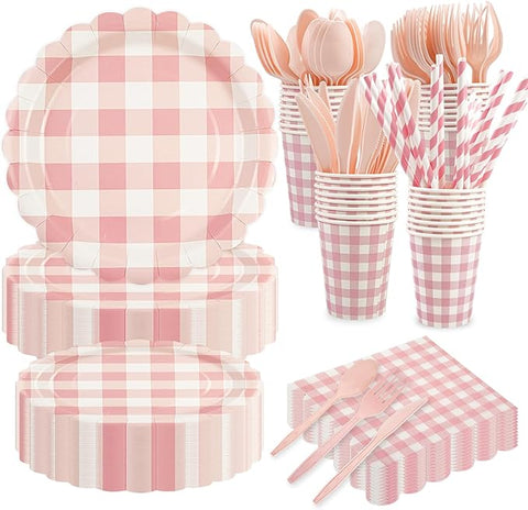 400PCS Light Pink Gingham Party Supplies, Scalloped Disposable Tableware Set Includes Paper Plates Napkins Cups Straws Forks Knives Spoons for Baby Shower Birthday Wedding Decorations, Serve 50