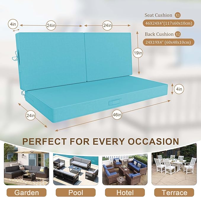 Outdoor Loveseat Cushion Set 46 x 26 Inch, Waterproof & Fade-Resistant Deep Seat Patio Cushions with Removable Cover, Ties & Hidden Zipper, Patio Love Seat Sofa Cushions for Sofa Bench Couch,Lake Blue
