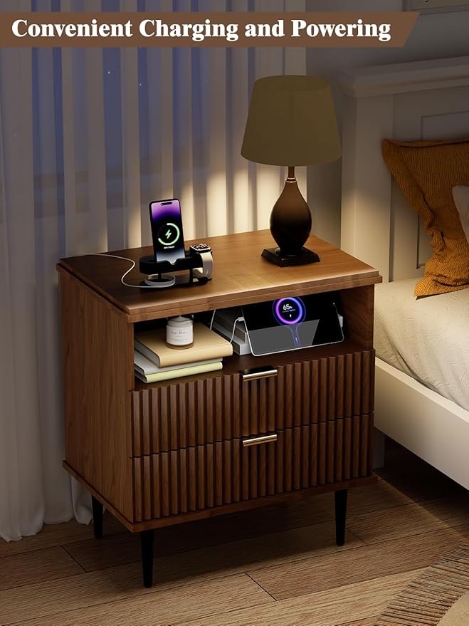 Modern Nightstand with Charging Station, 2 Drawers Fluted Wood Bedside Table with USB, Type-C & Outlets, Metal Legs, Storage Dresser for Bedroom or Living Room (Walnut, 23.3)