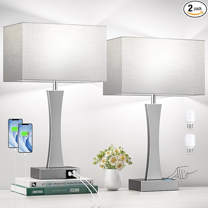 Bedside Lamps for Night Stands - 3 Way Dimmable Table Lamp for Bedroom with USB C+A Ports,Modern Bedside Lamps Set of 2, Touch Lamps for Nightstands(Grey)