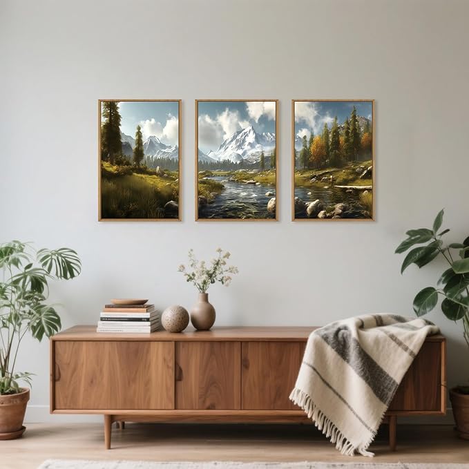 Large Watercolor Snow Mountain Framed Canvas Wall Art,Modern River Grassland Wall Decor,Natural Green Forest Artwork,Neutral Wood Landscape Art Print for Living Room,Bedroom,Office-24 x36 x3