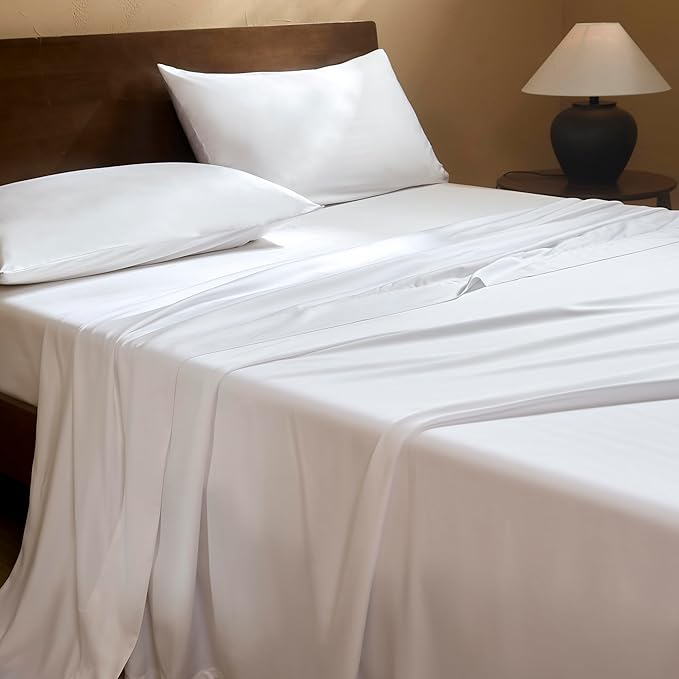 EVERLY California King Sheets Set Luxuriously 400 Thread Count Organic Rayon Derived from Bamboo,Cooling Sheets for California King 4Piece Deep Pockets Bedding Sheets&Pillowcases-White