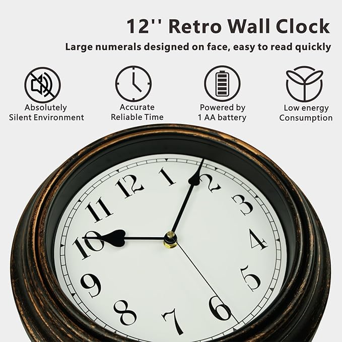 Retro Wall Clock, 12'' Vintage Silent Non Ticking Classic Clocks, Easy to Read, Quality Quartz Clock Battery Operated, Decorative Bedroom, Kitchen, Office