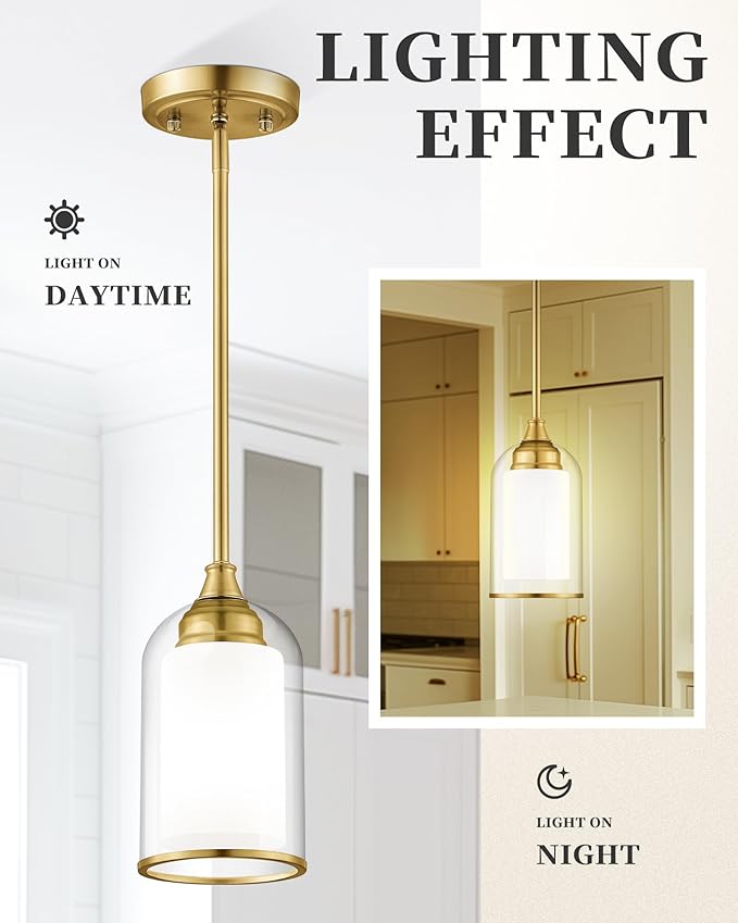 LIROUVET Gold Pendant Lights Kitchen Island - Dual Glass Pendant Light, 1-Light Hanging Light with Clear and Milk Glass, Vintage Pendant Light Fixtures for Kitchen, Dining Room, PL02BR