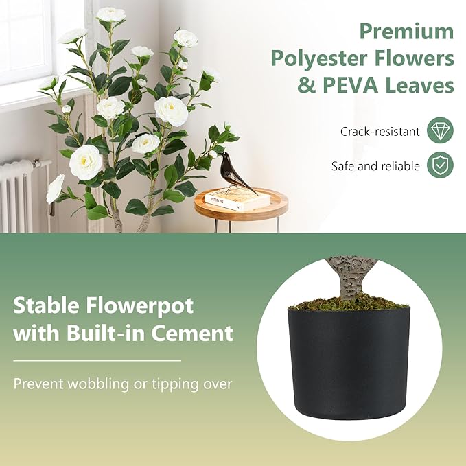 Goplus 36’’ Artificial Camellia Tree, 2 Pack Flower Plants Artificial Tree, Faux Floral Plant Blooming Tree in Nursery Pot, Greenery Potted Plant for Indoor Office Home Porch Decor, White