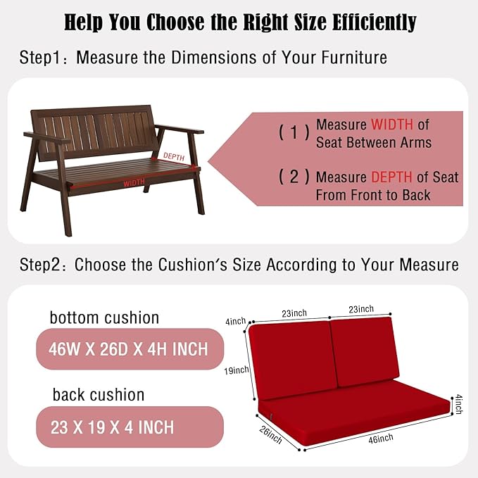 idee-home Outdoor Loveseat Cushions, Waterproof Patio Loveseat Cushion, Outside Couch Hampton Bay Deep Seat Cushion Replacement Set, Patio Love Seat Sofa Cushions for Furniture, 46" x 26" Red