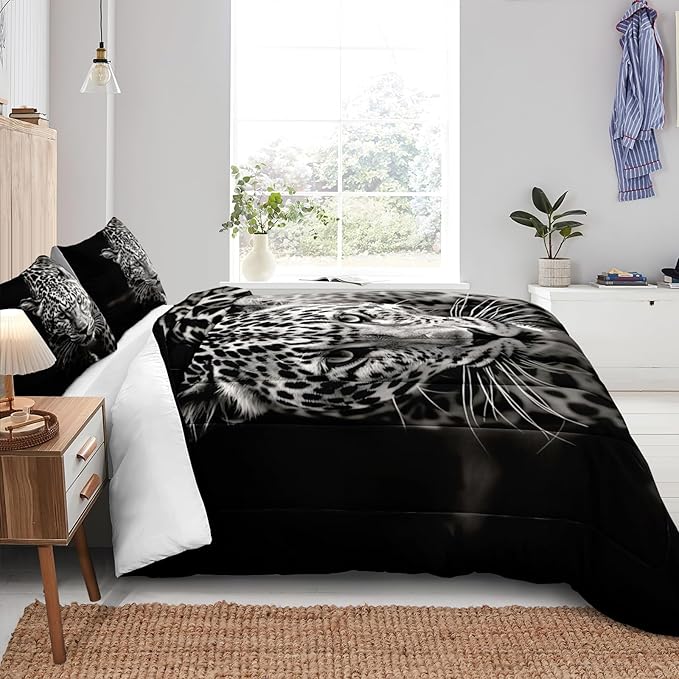 Wild Animal Comforter Set Leopard African Bedding Set Black and White Cheetah Leopard Printed Bedding Safari Animal Tropical King Comforter Set for All Season