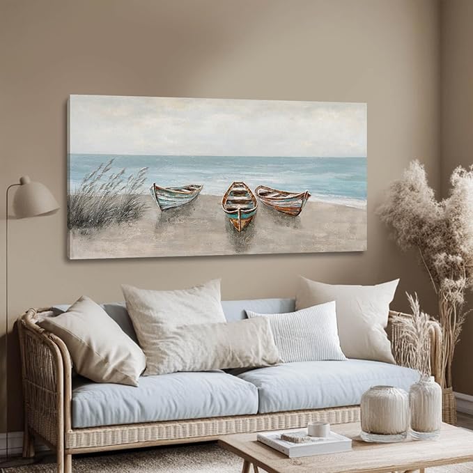 WINKAILIN Coastal Wall Art Beige and Blue Pictures Wall Decor Boat Canvas Prints 24"x 48" Scenery Artwork Vintage Posters for Bedroom Office Home