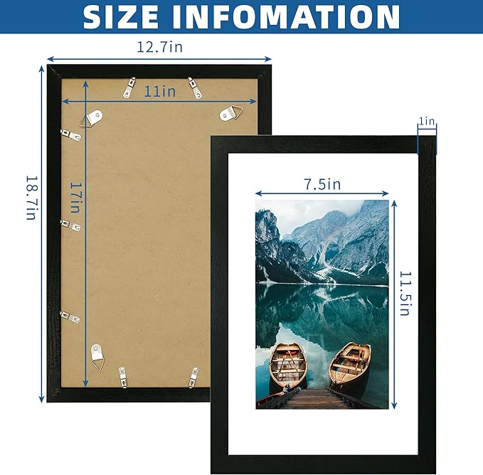 11x17 Frame Set of 2, Rustic Black Wood Style - Display 11 x 17 Poster without Mat or 8x12 Picture with Mat, Wall Mounting Horizontal and Vertical