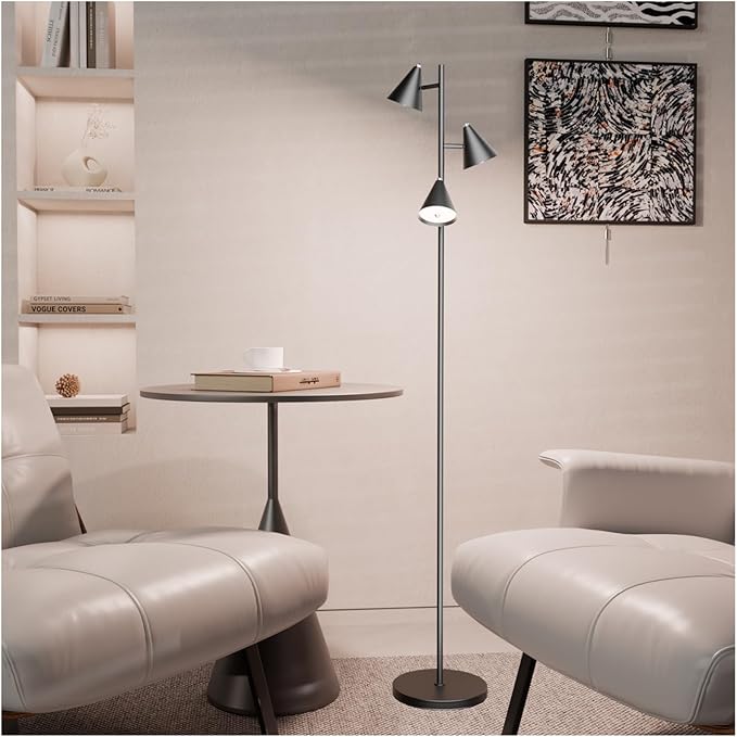 Floor Lamp 3 LED Lights with Magnetic Remote Control Tall Standing Rotatable Dimmable Lighting 5 Color Temperatures 6500K 25W 63" for Bedroom Reading Room Office