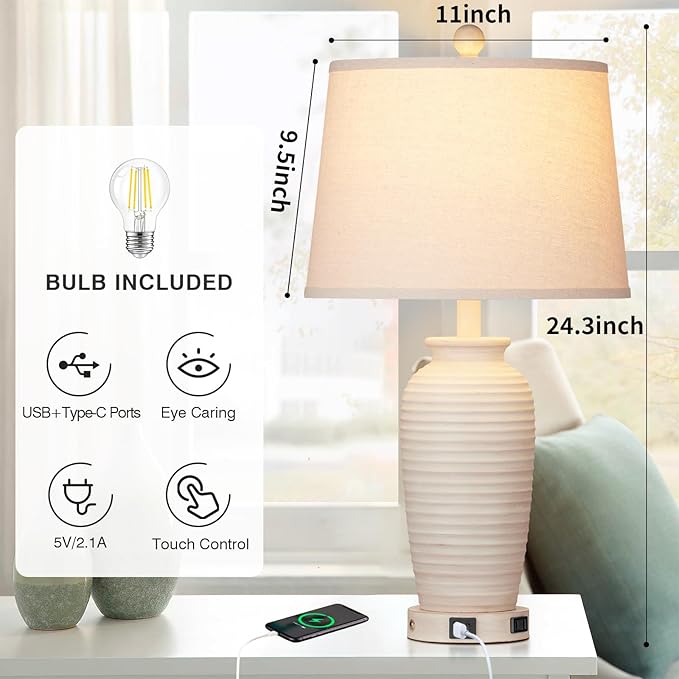 25" Farmhouse Jar Table Lamps, 3 Way Touch Control Rustic Bedside Lamps with USB A+C Ports & AC Outlet, Pot Nightstand Lamps for Bedroom Living Room (LED Bulbs Included)