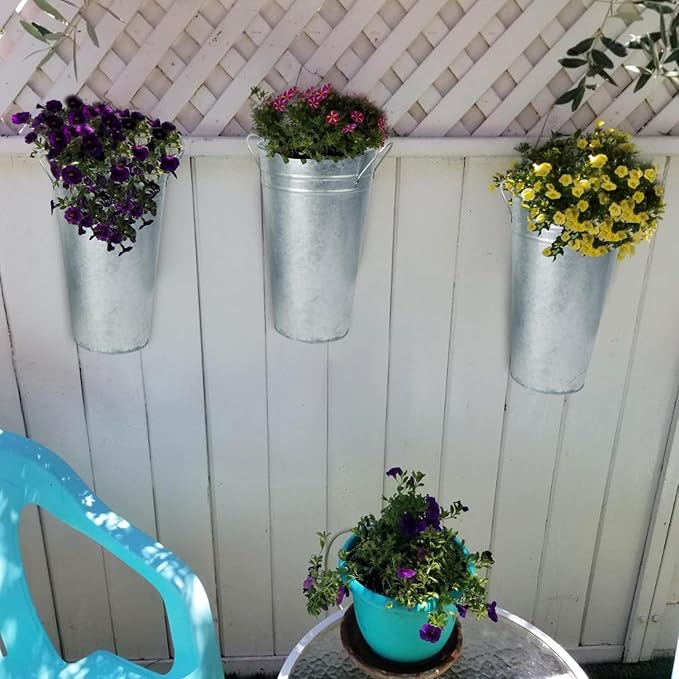 4 Packs 11.8 Inch Tall Galvanized Metal Vases With Handles - Rustic Tall Buckets for Cut Flowers, Country Wedding, Table Centerpiece Decorations - Vintage Style Containers