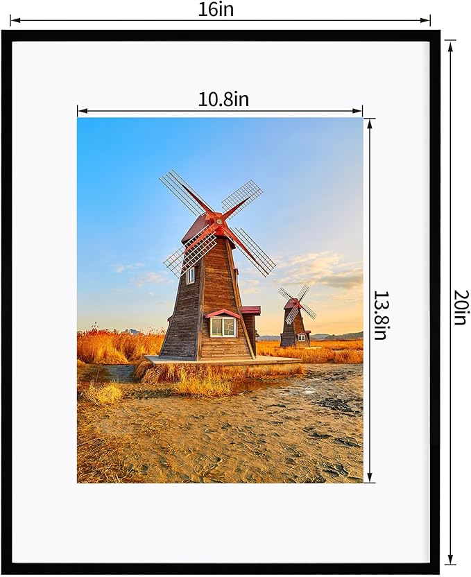 16x20 Metal Frames Set of 2, 16 x 20 Aluminum Photo Frames with 11x14 Mat - Sawtooth Hangers, Spring Clips for Wall Mounting Horizontal and Vertical(Black)
