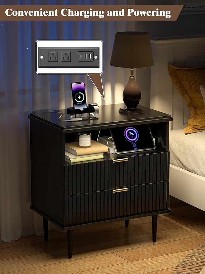 Nightstand with Charging Station, Wide Fluted Nightstand, Wood for Bedroom, Living Room, Black Dresser with Storage Drawers, Bedside Table with Metal Handle & Leg (Black Set of 2, 23.3)