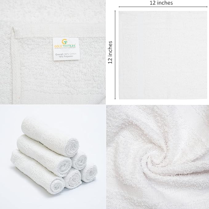GOLD TEXTILES 48 Pack Economy White Washcloths Set (12x12 inches) - Cotton Blend Commercial Grade Cleaning Rags, Quick Drying & Soft Face Cloths, Fingertip Towels for Bathroom, Spa, Gym, and Kitchen