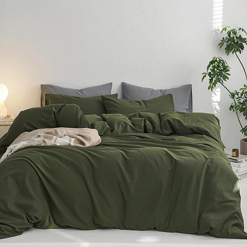 MooMee Twin Duvet Cover Set, 100% Washed Cotton Linen Like Twill Thick Sturdy Material Super Soft Breathable Durable Bedding for All Season, 2 Pieces (Olive Green, Twin 68"x90")