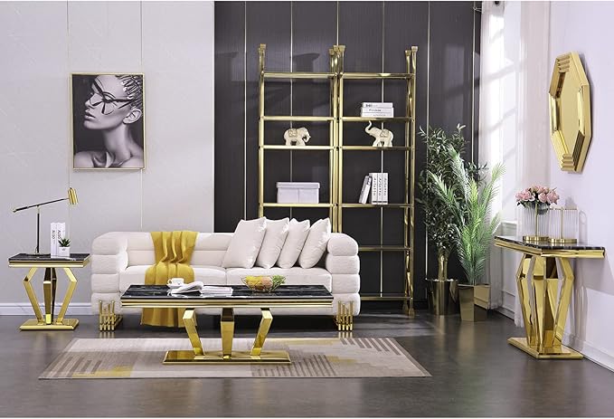 ACEDÉCOR Gold Coffee Table, 48 inch Rectangle Living Room Coffee Table with Polished Geometric Base, Black and Gold Tea Table for Home, Office, Reception Room