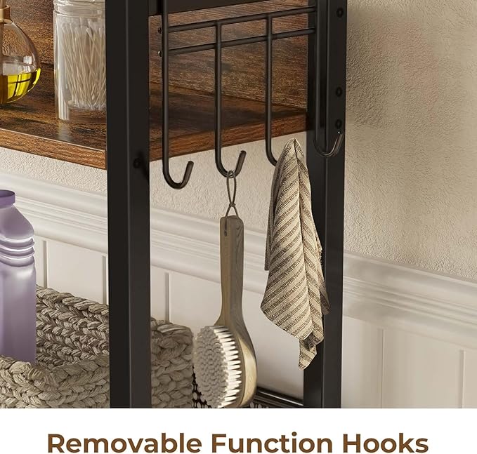 Rolanstar Over The Toilet Storage 4-Tier, Freestanding Bathroom Organizer, Sturdy Behind Toilet Rack with Hooks, Space-Saving Design, Fits Most Toilets, Rustic Brown