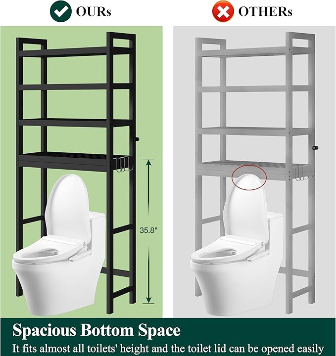 Smiry Over The Toilet Storage Cabinet, 4-Tier Bamboo Bathroom Organizers with Adjustable Shelf & 4 Hooks, Space Saving Shelf Rack for Bathrooms, Laundry Room, Balcony, Black