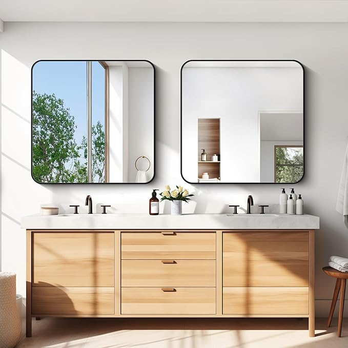 Bathroom Mirror, 36"x36" Black Square Wall Mirror, Metal Frame Rounded Corner Vanity Mirror, Large Wall Mounted Mirror for Modern Bedroom Living Room Horizontal Or Vertical Mounting
