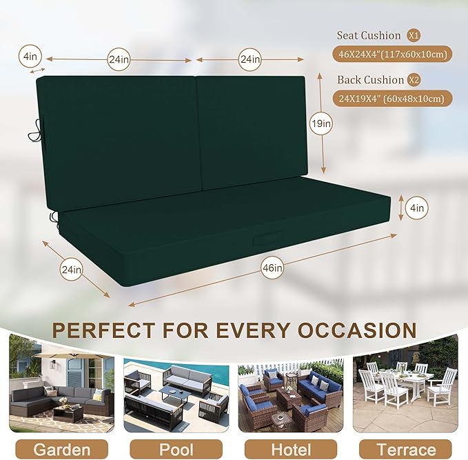 Outdoor Loveseat Cushion Set 46 x 26 Inch, Waterproof & Fade-Resistant Deep Seat Patio Cushions with Removable Cover, Ties & Hidden Zipper,Patio Love Seat Sofa Cushions for Sofa Bench Couch,Dark Green