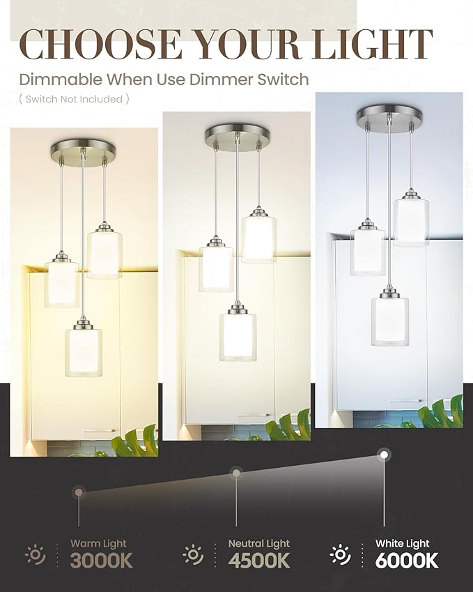 TENGXIN 3 Light Pendant Lights, Kitchen Island, Bedroom Modern Farmhouse Pendant with Dual Glass Shade, Brushed Nickel