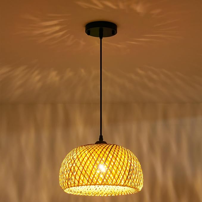 TERLEENART Bamboo Pendant Light,Set of 2 Boho Round Basket Chandelier Handmade Woven Pendant Light, Natural Bamboo Rattan Hanging Chandelier for Kitchen Island Dining Room Living Room Porch