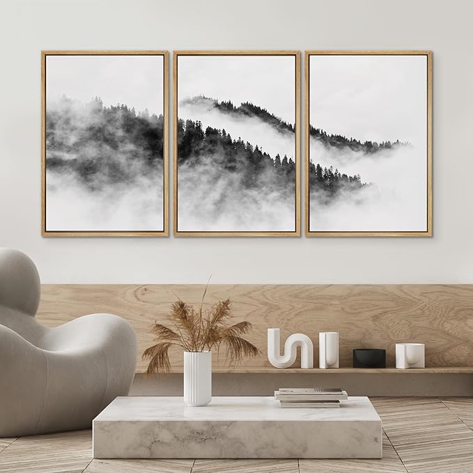 SIGNWIN Framed Canvas Print Wall Art Set Black & White Mountain Forest Valley Nature Wilderness Photography Modern Art Rustic Landscape Relax/Calm for Living Room, Bedroom, Office - 16"x24"x3 Natural